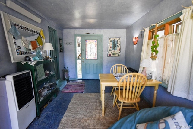 dining room featuring heating unit and a wealth of natural light