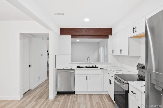 1347 S Crystal Way, Aurora, CO 80012 - kitchen featuring appliances with stainless steel finishes, a sink, light wood-style flooring, white cabinets, and recessed lighting