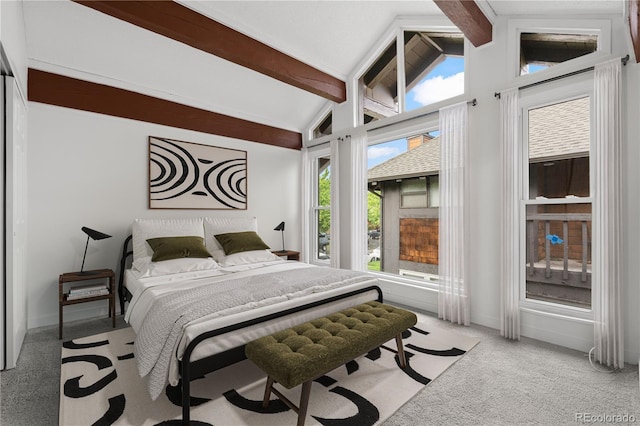 1347 S Crystal Way, Aurora, CO 80012 - bedroom featuring beam ceiling, light carpet, baseboards, and high vaulted ceiling
