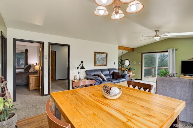 234 Bailey Dr, Bailey, CO 80421 - dining room with vaulted ceiling, a chandelier, light wood-type flooring, and ceiling fan