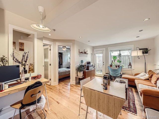 2460 W Caithness Pl Unit 105, Denver, CO 80211 - living room featuring a desk, light wood-style flooring, recessed lighting, and ceiling fan