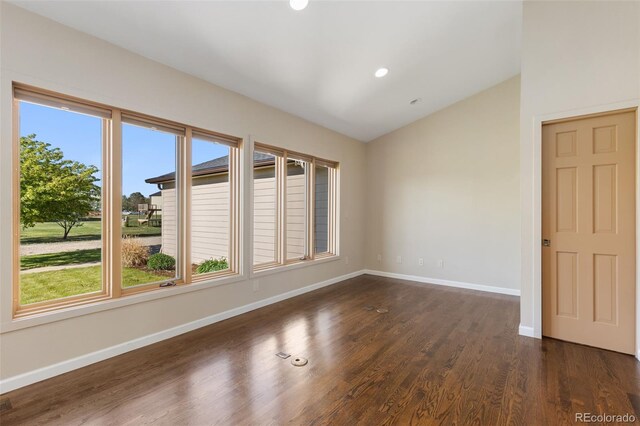 15132 Pecos St, Broomfield, CO 80023 - unfurnished room featuring vaulted ceiling, baseboards, dark wood finished floors, and recessed lighting
