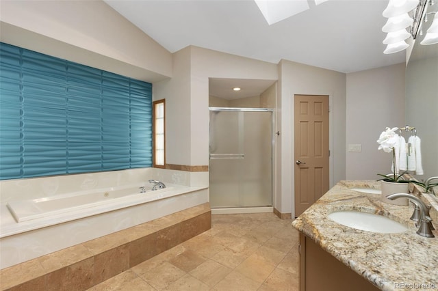 15132 Pecos St, Broomfield, CO 80023 - bathroom with a stall shower, a whirlpool tub, double vanity, vaulted ceiling, and a chandelier