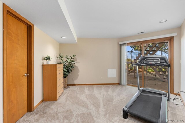 15132 Pecos St, Broomfield, CO 80023 - workout room with light colored carpet, baseboards, and recessed lighting