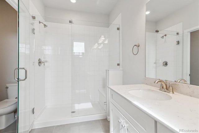 453 Interlocken Blvd Unit 101, Broomfield, CO 80021 - bathroom featuring a shower stall, tile patterned floors, toilet, and vanity