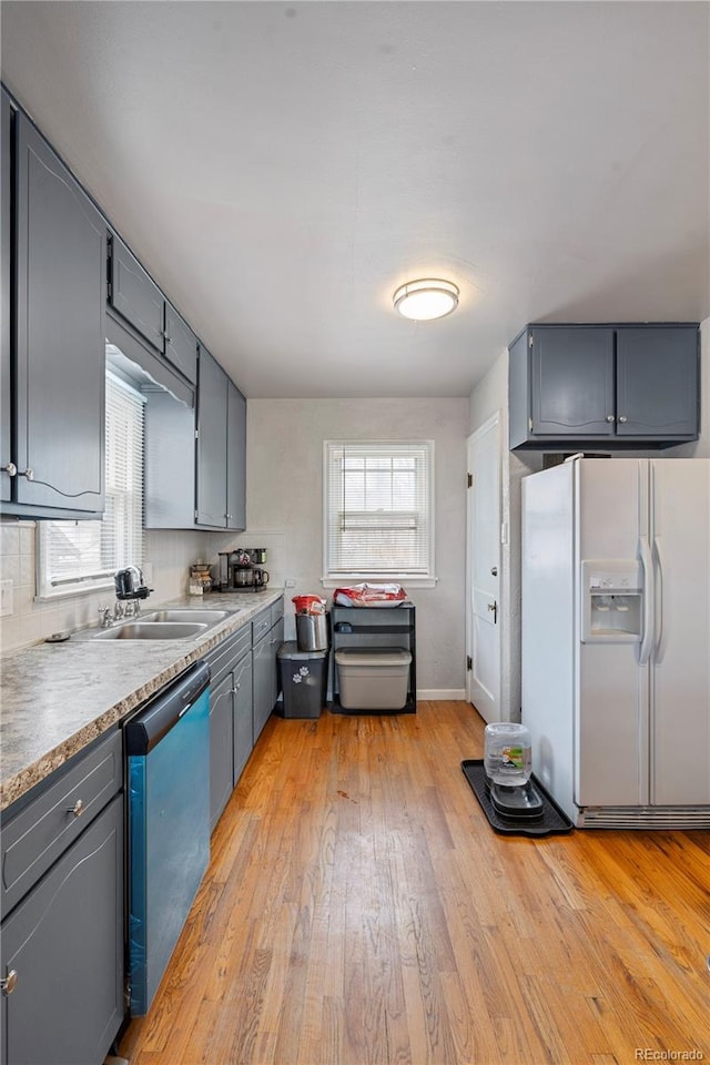 2041 7th Ave, Greeley, CO 80631 - kitchen featuring white fridge with ice dispenser, dishwasher, light wood-type flooring, and gray cabinetry