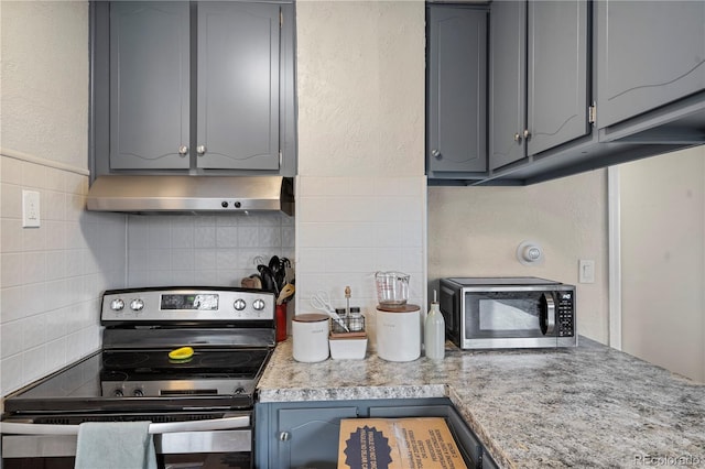 2041 7th Ave, Greeley, CO 80631 - kitchen featuring stainless steel range with electric cooktop, gray cabinets, range hood, decorative backsplash, and light countertops