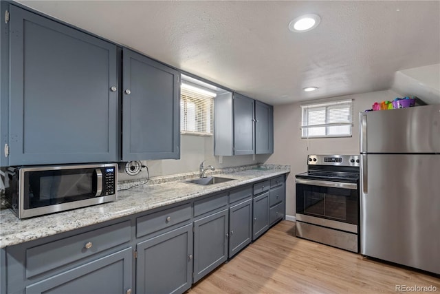 2041 7th Ave, Greeley, CO 80631 - kitchen featuring appliances with stainless steel finishes, light wood-style floors, gray cabinetry, and a textured ceiling