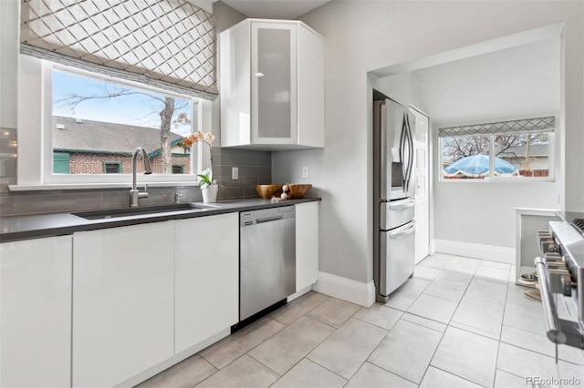 kitchen with sink, tasteful backsplash, plenty of natural light, stainless steel appliances, and white cabinets