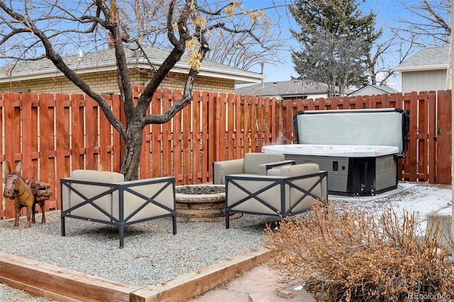 view of patio featuring a hot tub