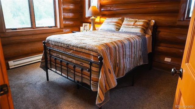 carpeted bedroom with log walls and baseboard heating