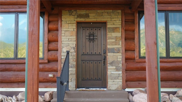 doorway to property featuring stone siding