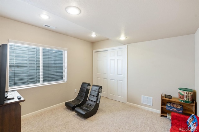 sitting room featuring light carpet