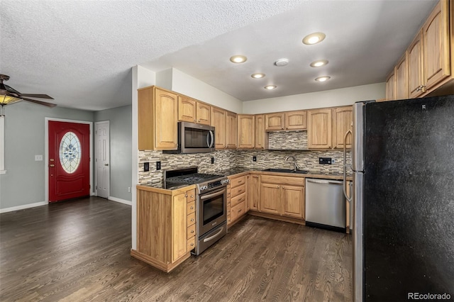 kitchen with a textured ceiling, stainless steel appliances, dark hardwood / wood-style flooring, sink, and ceiling fan