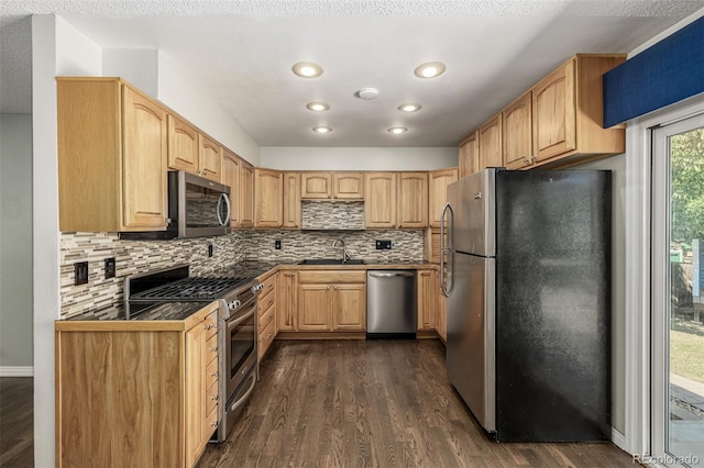 kitchen with dark hardwood / wood-style floors, sink, appliances with stainless steel finishes, and decorative backsplash