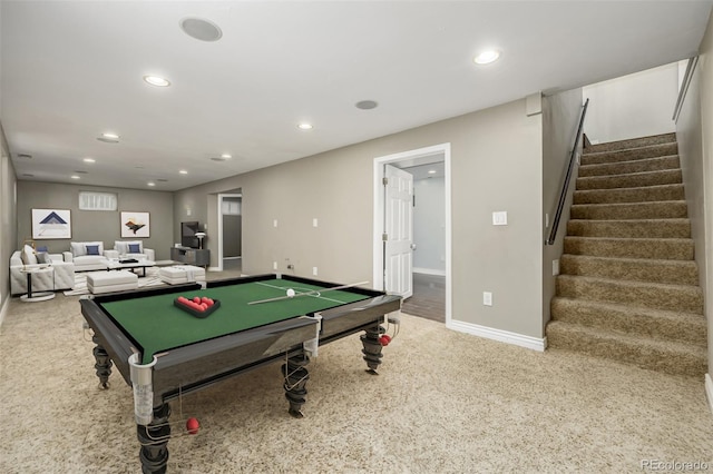 rec room with billiards and carpet