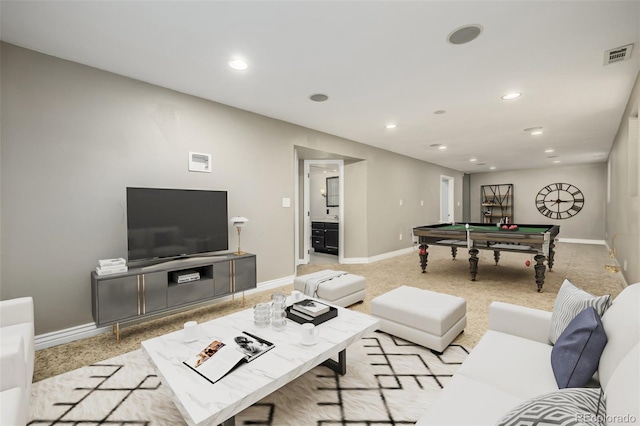 game room featuring pool table and light carpet