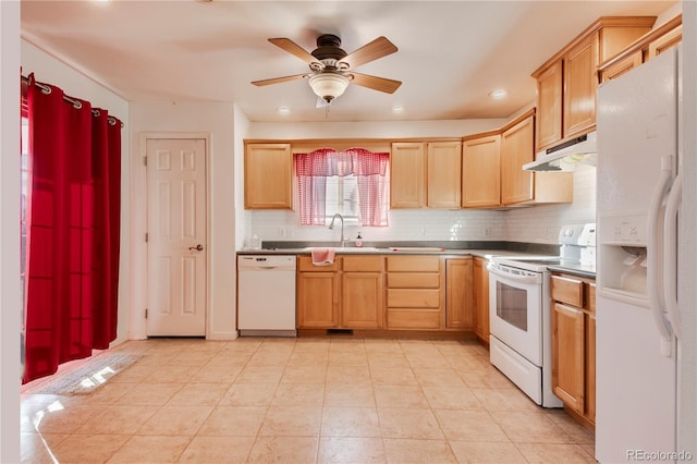 kitchen featuring backsplash, white appliances, ceiling fan, sink, and light tile patterned floors