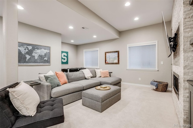 10590 Soulmark Way, Highlands Ranch, CO 80126 - living area featuring a fireplace, carpet, recessed lighting, and baseboards