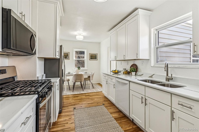 kitchen featuring light wood-type flooring, white cabinetry, stainless steel appliances, and a sink