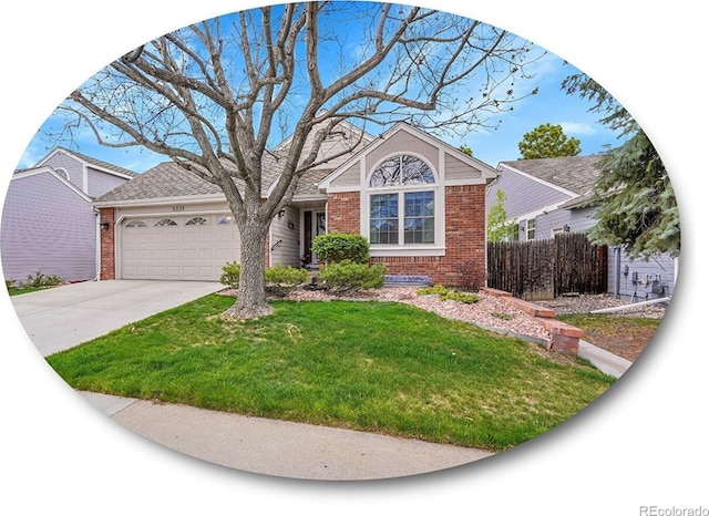 single story home with driveway, a garage, brick siding, fence, and a front lawn