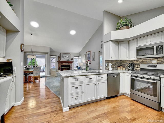 kitchen with tasteful backsplash, a fireplace, open floor plan, light wood-style floors, and stainless steel appliances