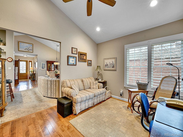 office area featuring recessed lighting, a ceiling fan, light wood-style flooring, and high vaulted ceiling