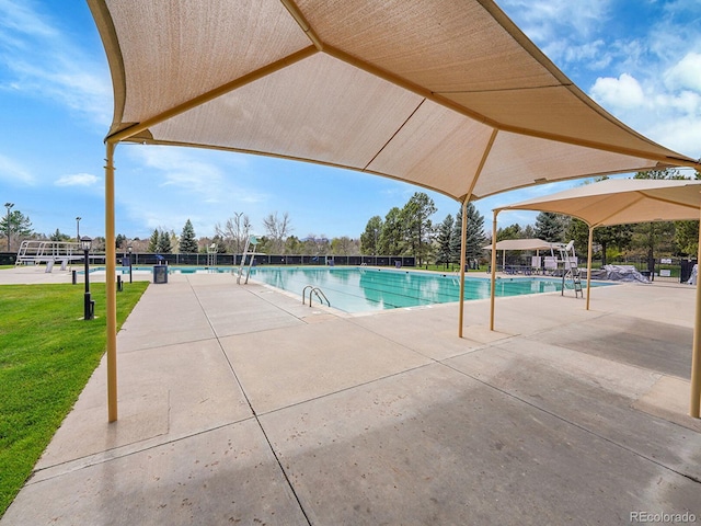 community pool with a lawn and fence
