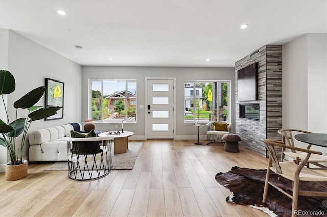 living room with a fireplace and light wood-type flooring