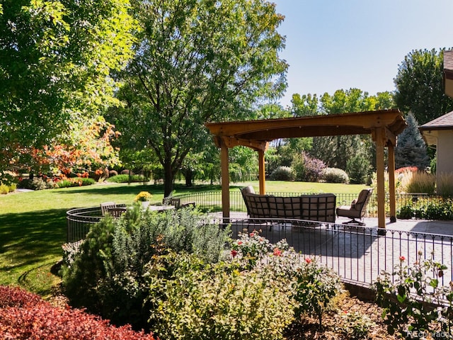 view of community featuring a yard and a patio area