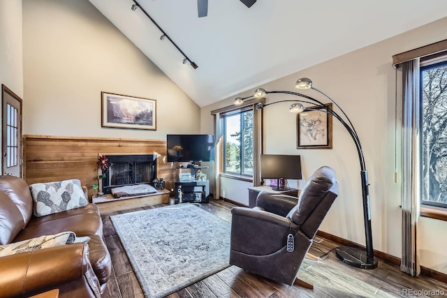 living area featuring a fireplace with raised hearth, high vaulted ceiling, wood finished floors, and rail lighting