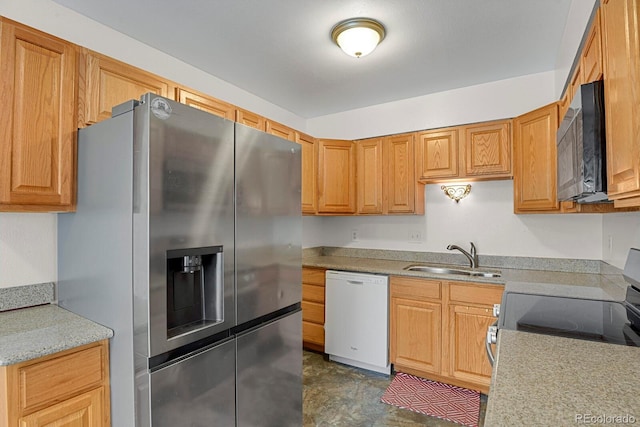 kitchen featuring sink, electric range oven, light stone counters, stainless steel fridge, and white dishwasher