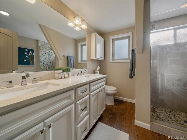 bathroom featuring wood-type flooring, an enclosed shower, vanity, and plenty of natural light