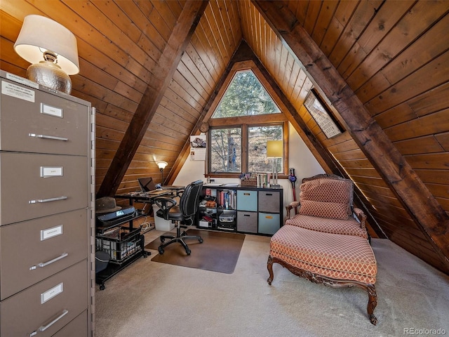 office space featuring vaulted ceiling with beams, wooden ceiling, and carpet flooring