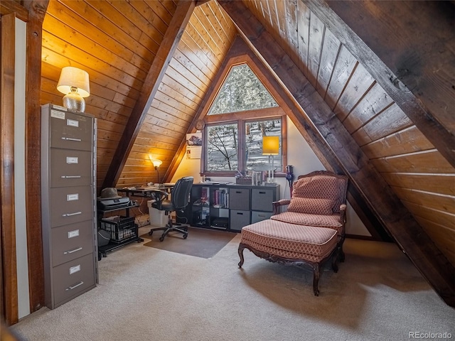 living area with lofted ceiling with beams, wooden ceiling, and carpet flooring