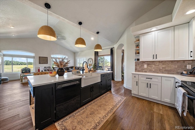 1248 Rawhide Cir, Elizabeth, CO 80107 - kitchen with black dishwasher, lofted ceiling, light countertops, range, and plenty of natural light