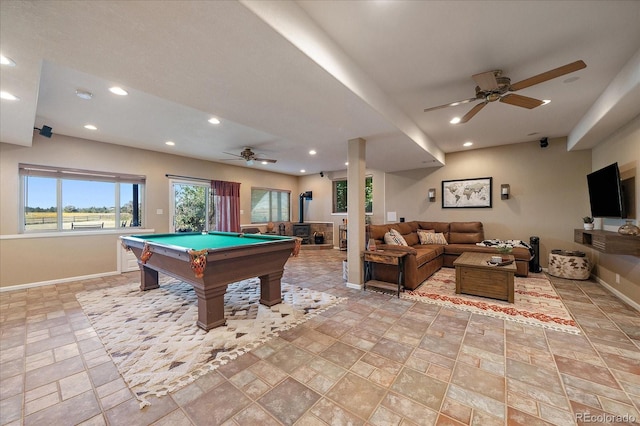 1248 Rawhide Cir, Elizabeth, CO 80107 - rec room with a ceiling fan, recessed lighting, pool table, and light stone finish floors
