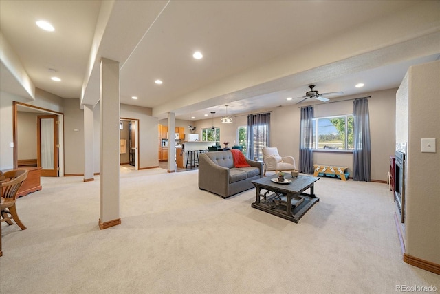 1248 Rawhide Cir, Elizabeth, CO 80107 - living area featuring light carpet, recessed lighting, and a ceiling fan