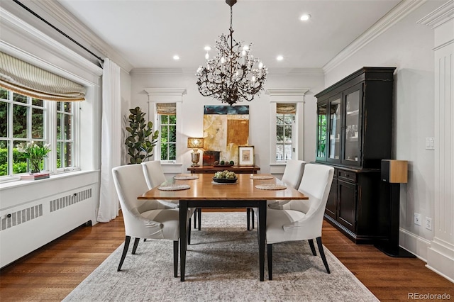 6300 E 17th Avenue Parkway, Denver, CO 80220 - dining space with radiator heating unit, a chandelier, dark wood-style floors, recessed lighting, and crown molding