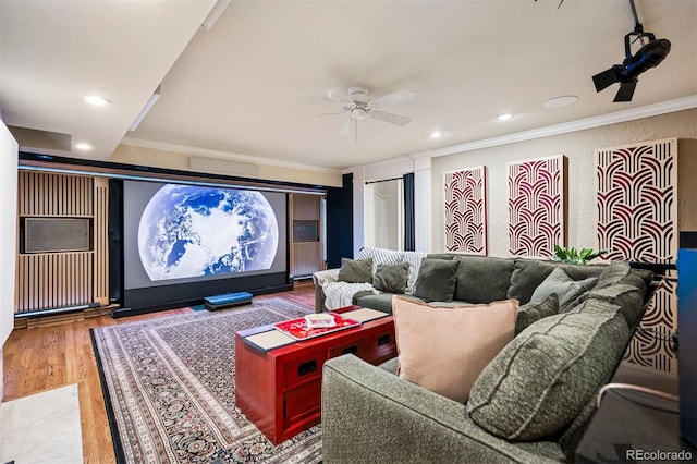 6300 E 17th Avenue Parkway, Denver, CO 80220 - home theater room featuring wood finished floors, ceiling fan, crown molding, and recessed lighting