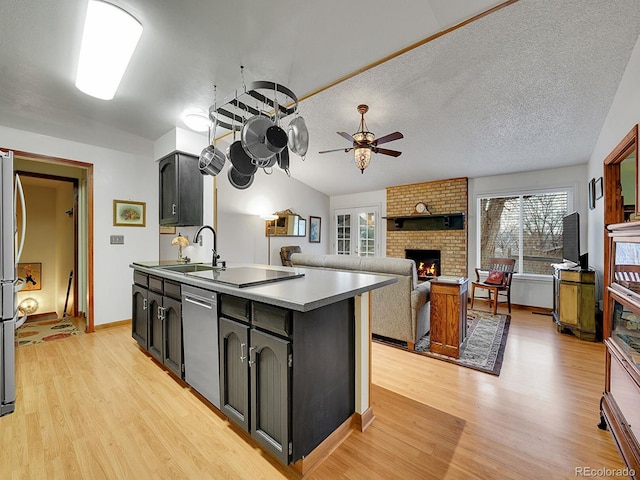 kitchen featuring light wood finished floors, an island with sink, stainless steel dishwasher, a fireplace, and a sink