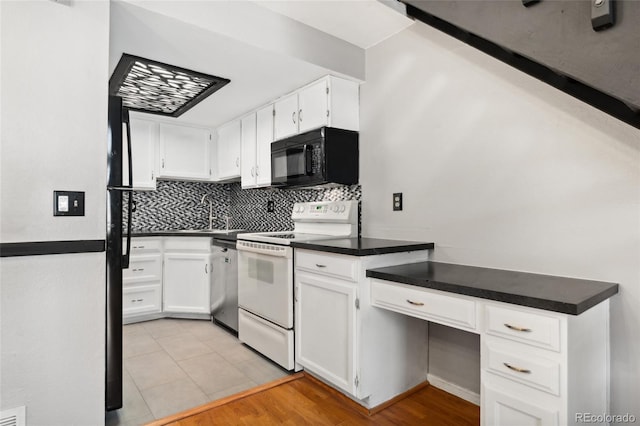 1885 S Quebec Way Unit A28, Denver, CO 80231 - kitchen featuring white electric stove, black microwave, dishwasher, decorative backsplash, and white cabinets