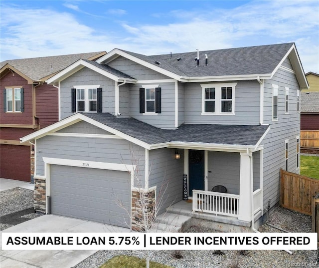 multi unit property featuring a porch, a shingled roof, fence, and driveway
