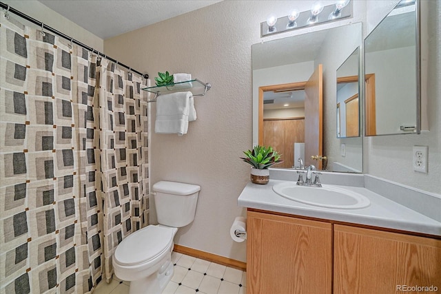 bathroom featuring a textured ceiling, vanity, tile patterned flooring, toilet, and curtained shower