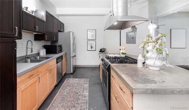 kitchen featuring island exhaust hood, stainless steel appliances, a sink, electric panel, and tasteful backsplash