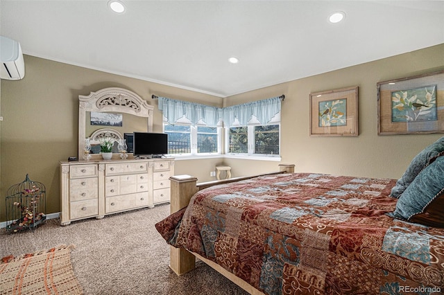 bedroom featuring light carpet and a wall mounted air conditioner