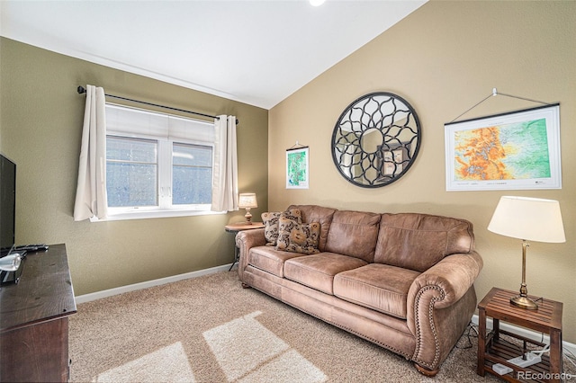 carpeted living room with lofted ceiling