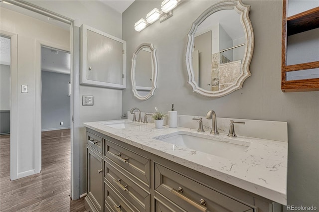 7541 Julian St, Westminster, CO 80030 - bathroom with wood finished floors, baseboards, and double vanity