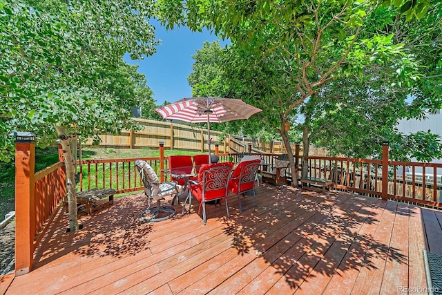 6085 S Parfet St, Littleton, CO 80127 - wooden terrace with outdoor dining space and a fenced backyard