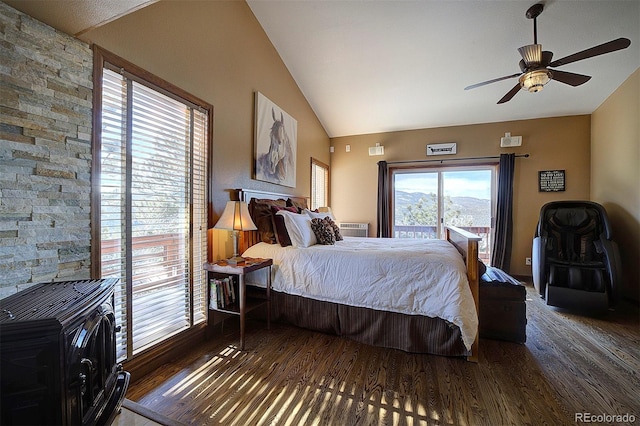 bedroom featuring ceiling fan, lofted ceiling, and dark hardwood / wood-style flooring